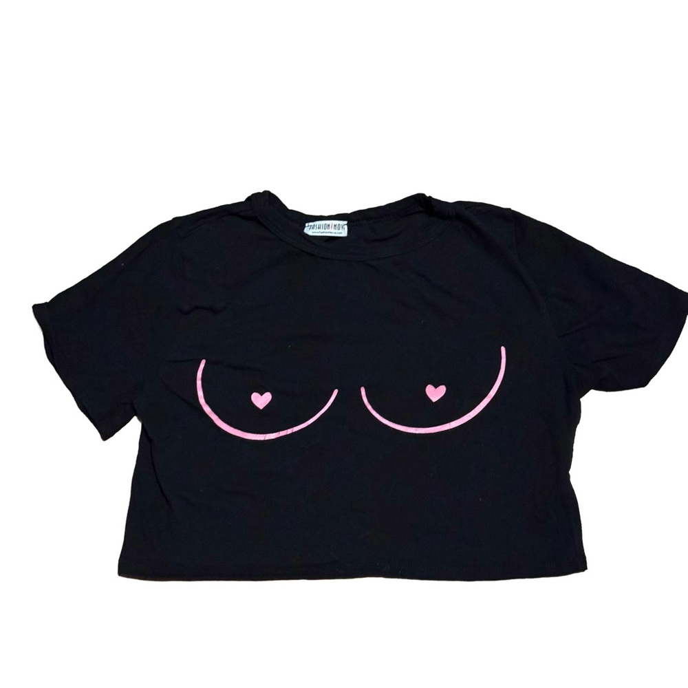Fashion Nova Black Crop Top with Pink Heart Accents